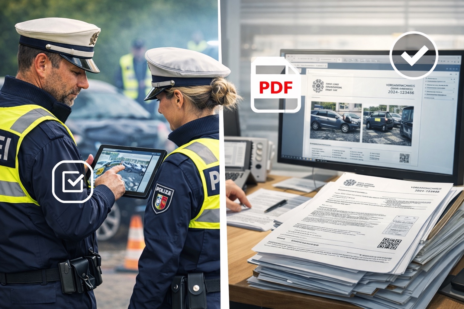 Polizisten am Unfallort mit iPad vs. Papierarbeit im Büro (Symbolbild)